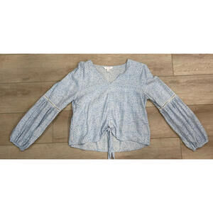 LC Lauren Conrad Top Medium Tie Waist Blue Floral Balloon Sleeves Ladder Lace